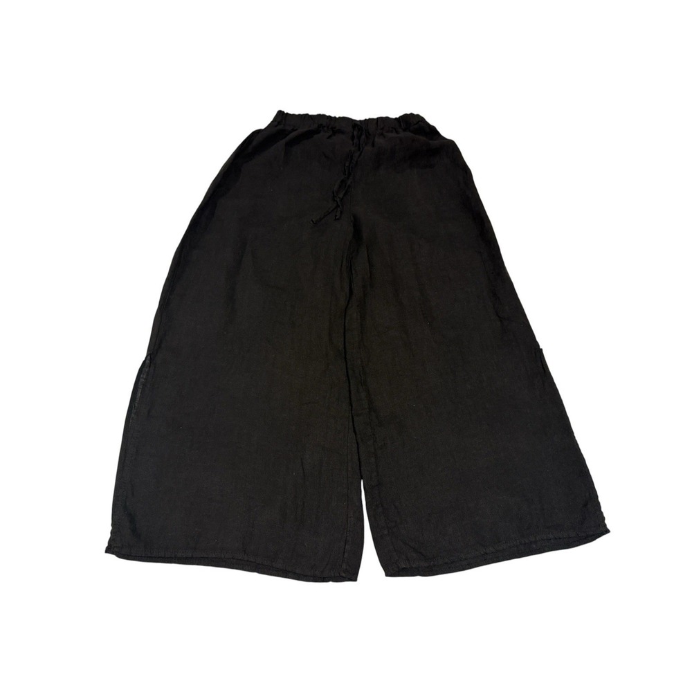 Gigi Moda 100% Linen Pants Women's Small Black Elastic Waist Wide Leg Side Slits